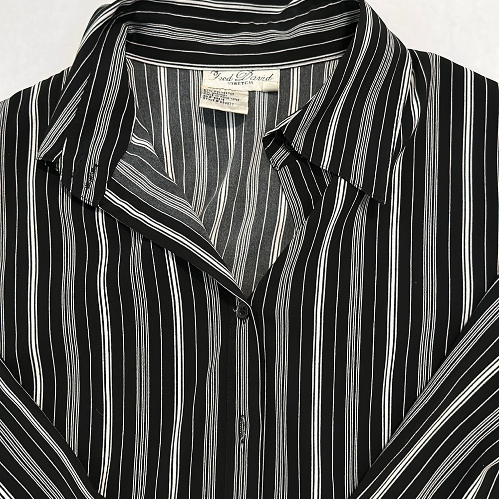 Silky black and white striped blouse.